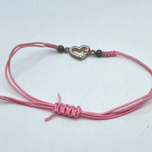 Y2K Adjustable Rhinestone Embellish Evil Eye Pink Cord Heart Charm Bracelet 90s